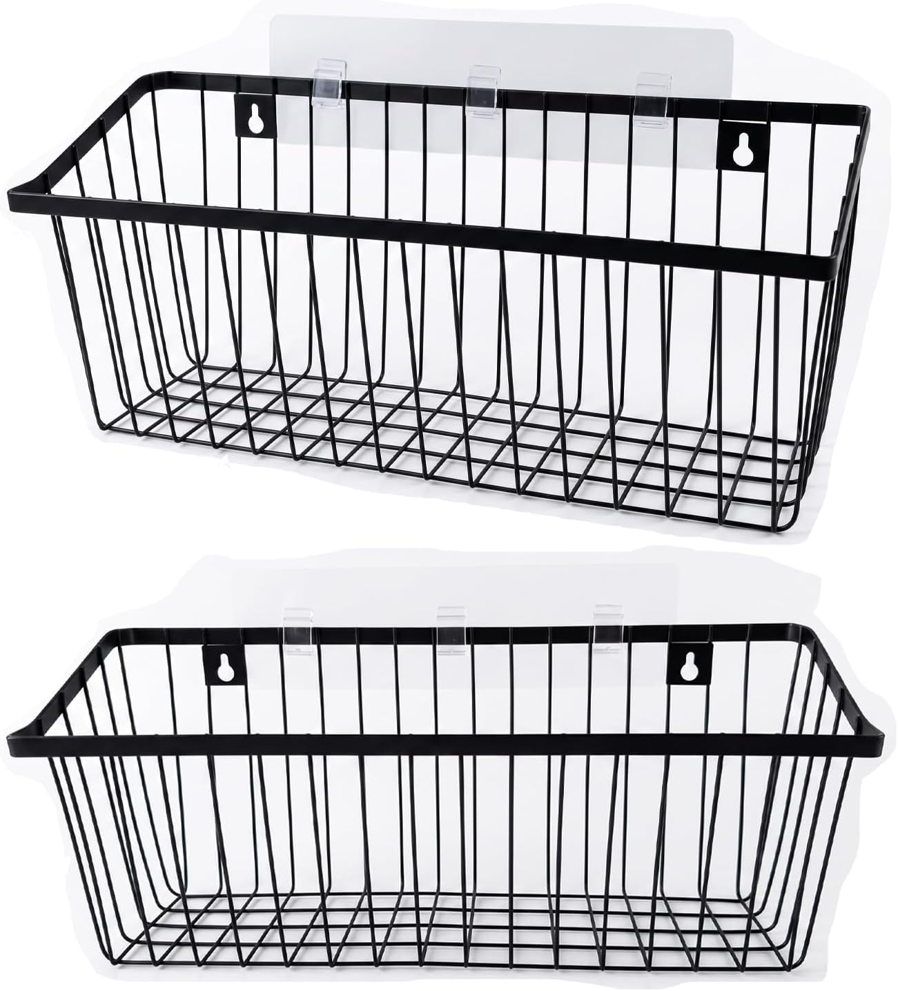 Black Hanging Wall Baskets,inside cabinet door organizer,Adhesive Wire Wall Storage Baskets for Pantry and organizer, Kitchen onion Food photo Bathroom,No Drilling Wall Mounted Basket,2 Pack