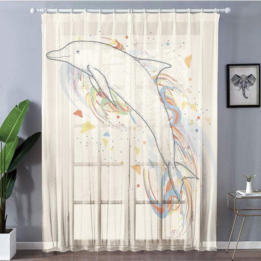Amazon 虹色の冒険海洋動物イラスト レースカーテン 目隠し 仕切り 幅150cmｘ丈198cm 2枚入り 形状記憶加工 可愛い部屋飾り 多色のモダンなかわいいイルカ魚図 カーテン オンライン通販