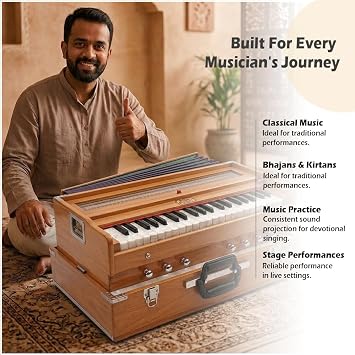 Ultra-Portable Harmonium BINA 23B Folding Safari 3 1/4 Octaves 6 Stops Classic Wood Color, Coupler, Nylon Bag, Indian Musical Instrument, Kirtan A440Hz
