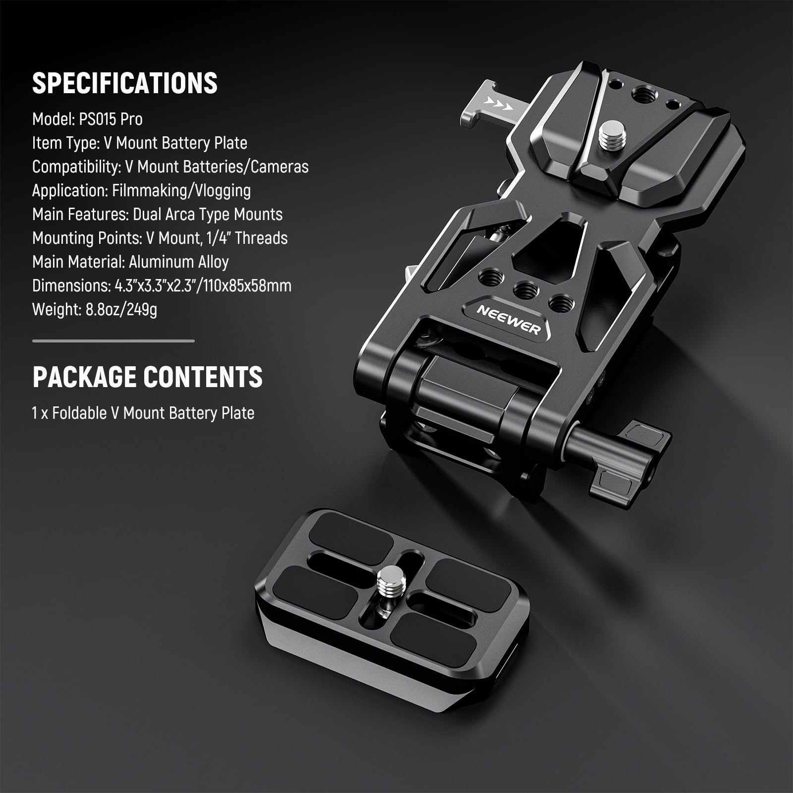 NEEWER Plaque Pliable pour Batterie V Mount et Plaque Base Type Arca Dégagement Rapide, Rig Vidéo Léger pour Caméra DSLR Compatible avec SmallRig Batterie V Mount DJI RS4 RS3 Stabilisateur, PS015 Pro
