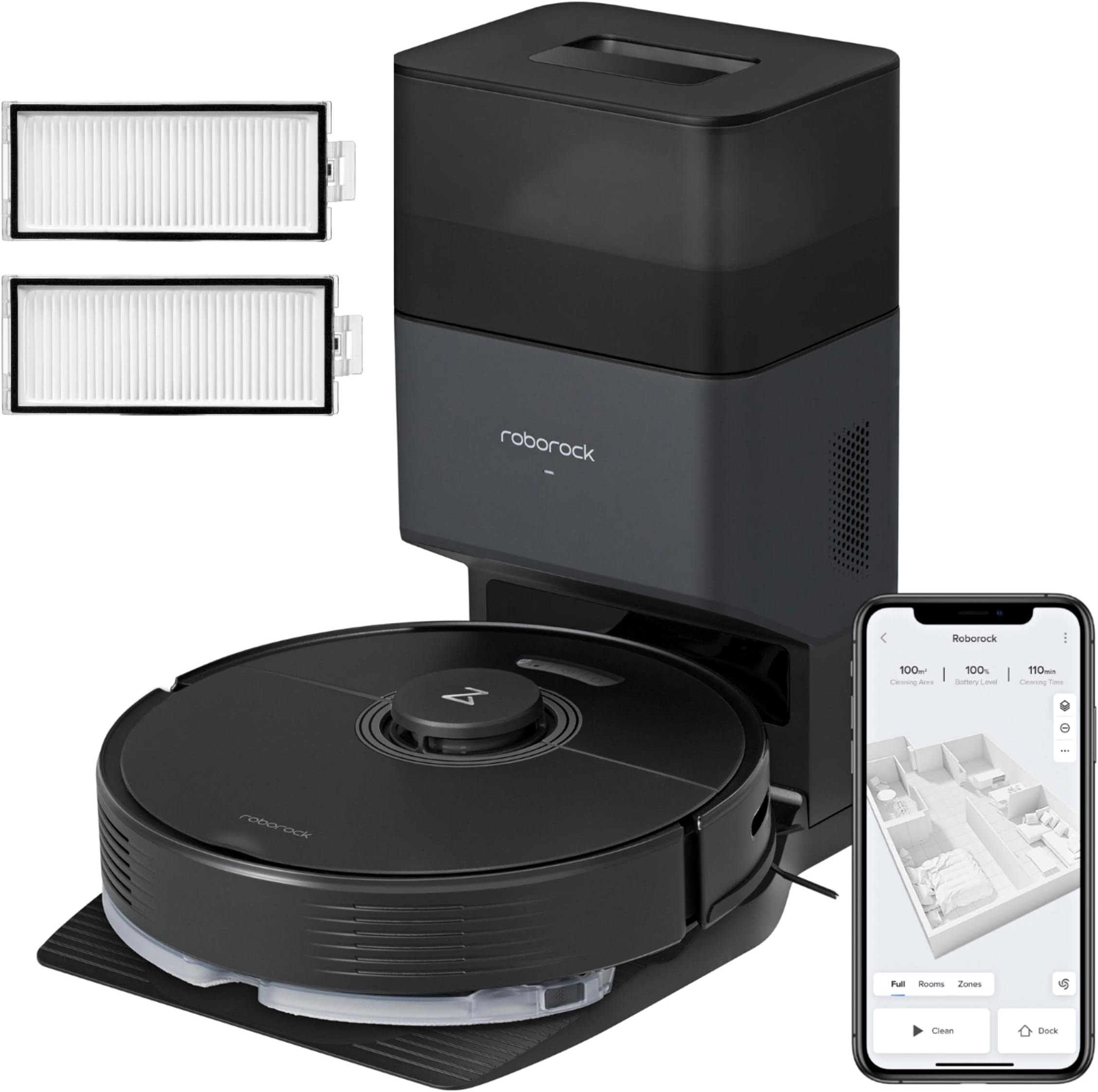 roborock Q7 Max+ Robot Vacuum and Washable Filter Bundle, Black