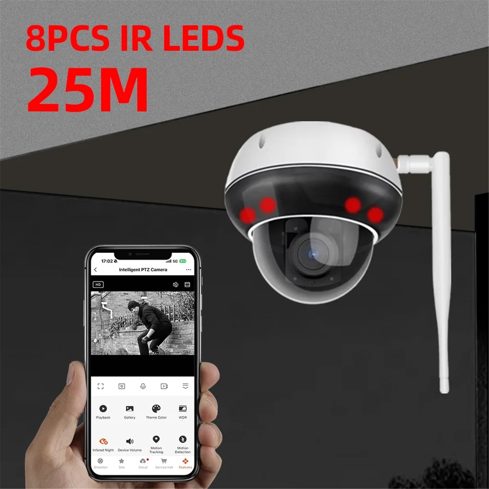 Kamera bezpieczeństwa, 5MP WiFi 5X Zoom optyczny Zewnętrzne śledzenie ruchu PTZ IR Audio Video Security Systemy kamer CCTV(Solar Cam 128G)