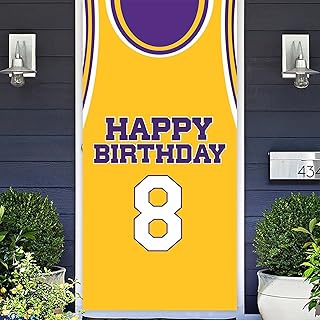 Happy Birthday 8 Banner Backdrop Purple Gold Basketball Star Player Sports Theme Decorations Decor for Boys Men 8th Birthday Party Supplies Baby Shower Photo Booth Props Favors Background Flag