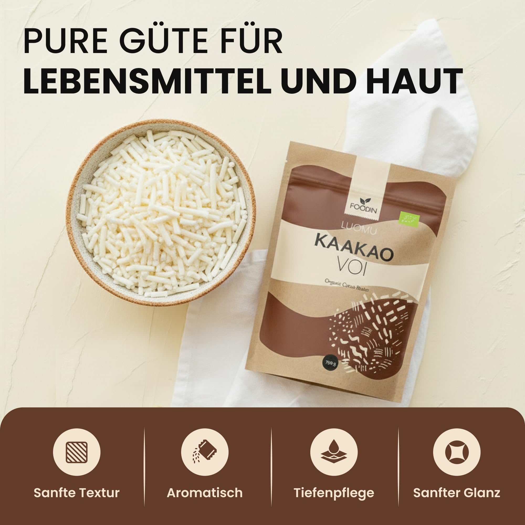 FOODIN Kakaobutter 750g, Bio-Kakaobutter für Kosmetik, süß duftend für Hautpflege, Backen & Kochen, ideal für Rezeptbedürfnisse