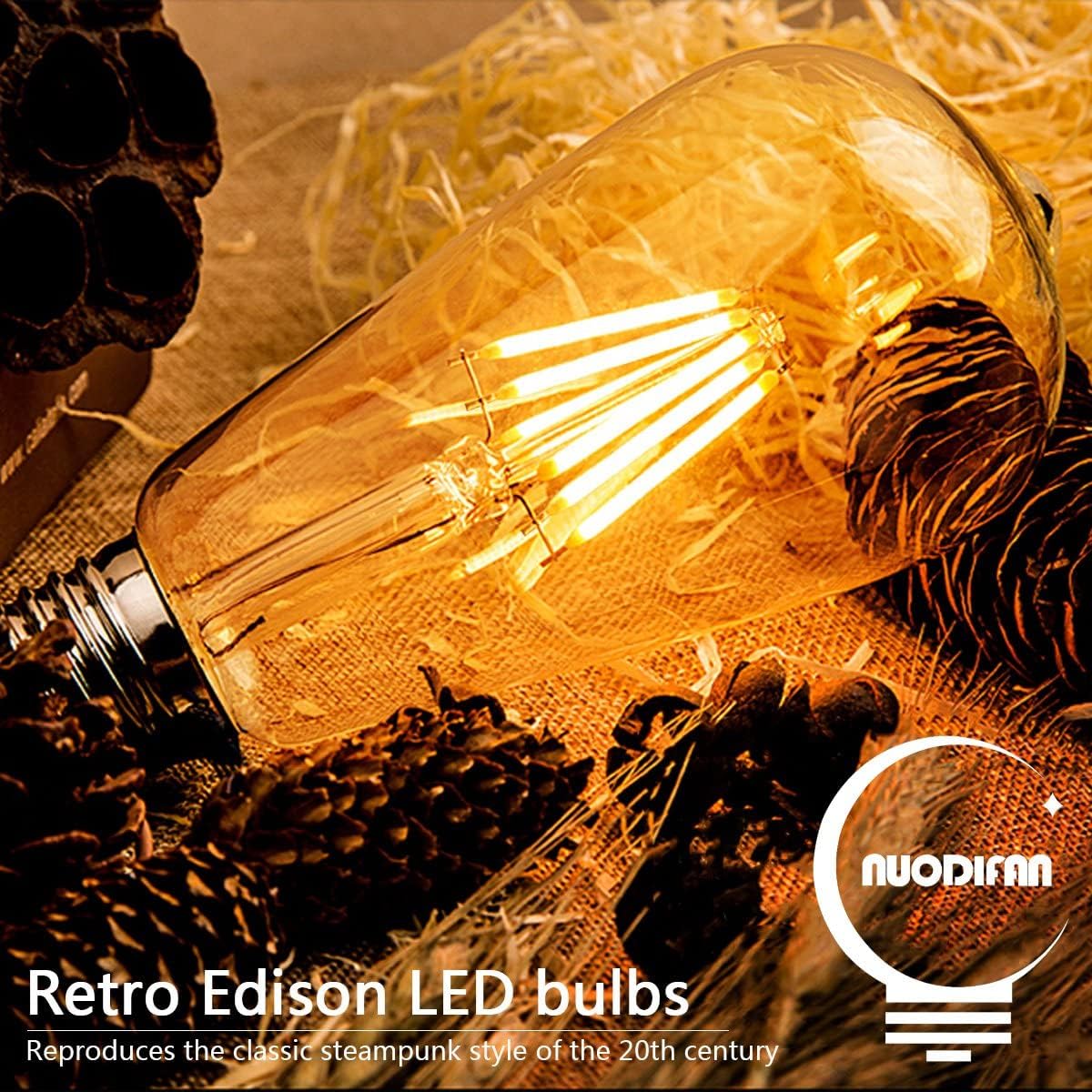 NUODIFAN LED Edison Glühbirne E27, 6 x 8W Vintage Glühbirne Dimmbar LED Filament Birne Lampe Amber Glas (1000 Lumens, 2700K) Ideal für Dekorative
