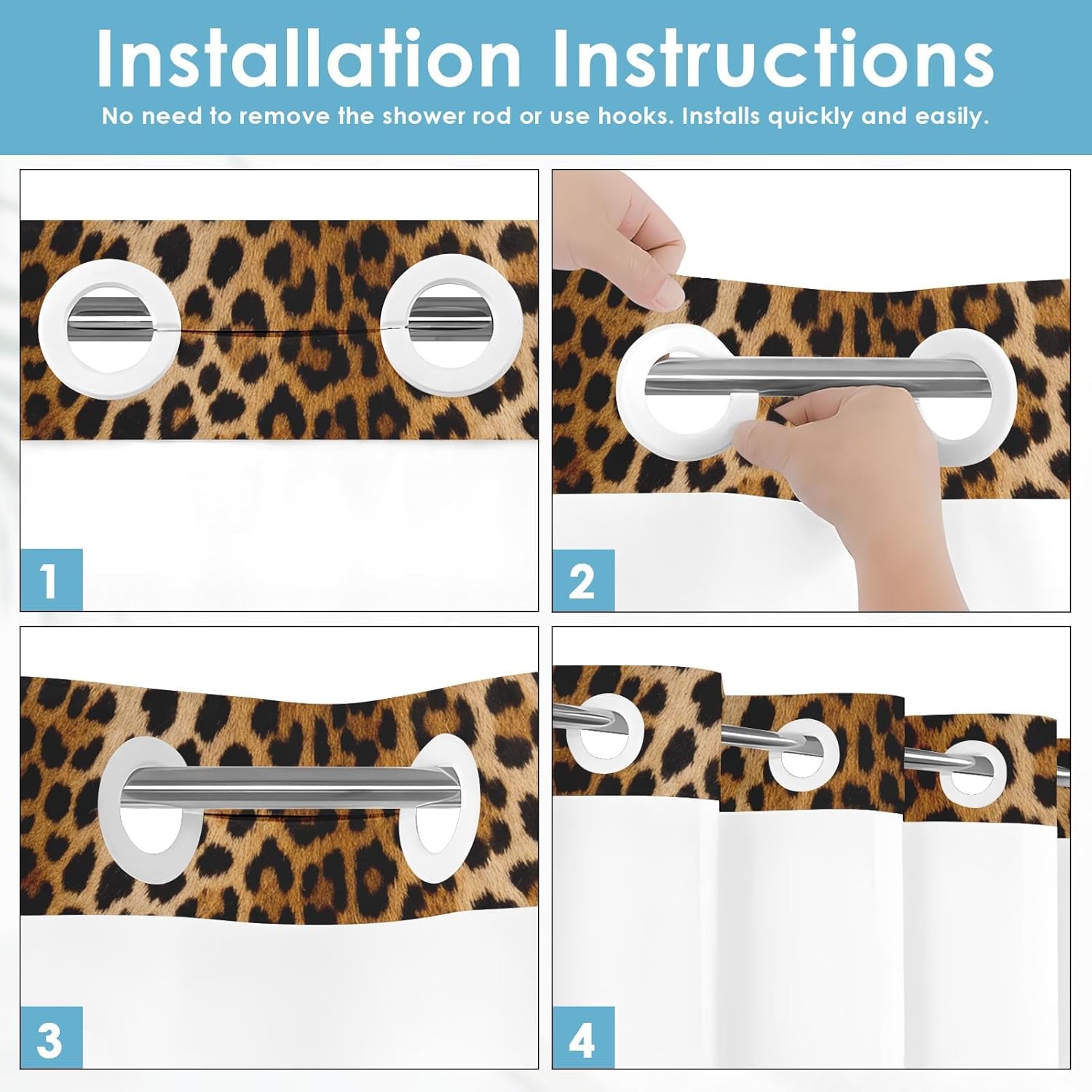 No Hook Leopard Print Shower Curtain with Snap in Fabric Liner Set, Brown Cheetah Modern Animal Double Layers Waterproof Fabric with See Through Top Window Bath Curtain 71x74 Inch