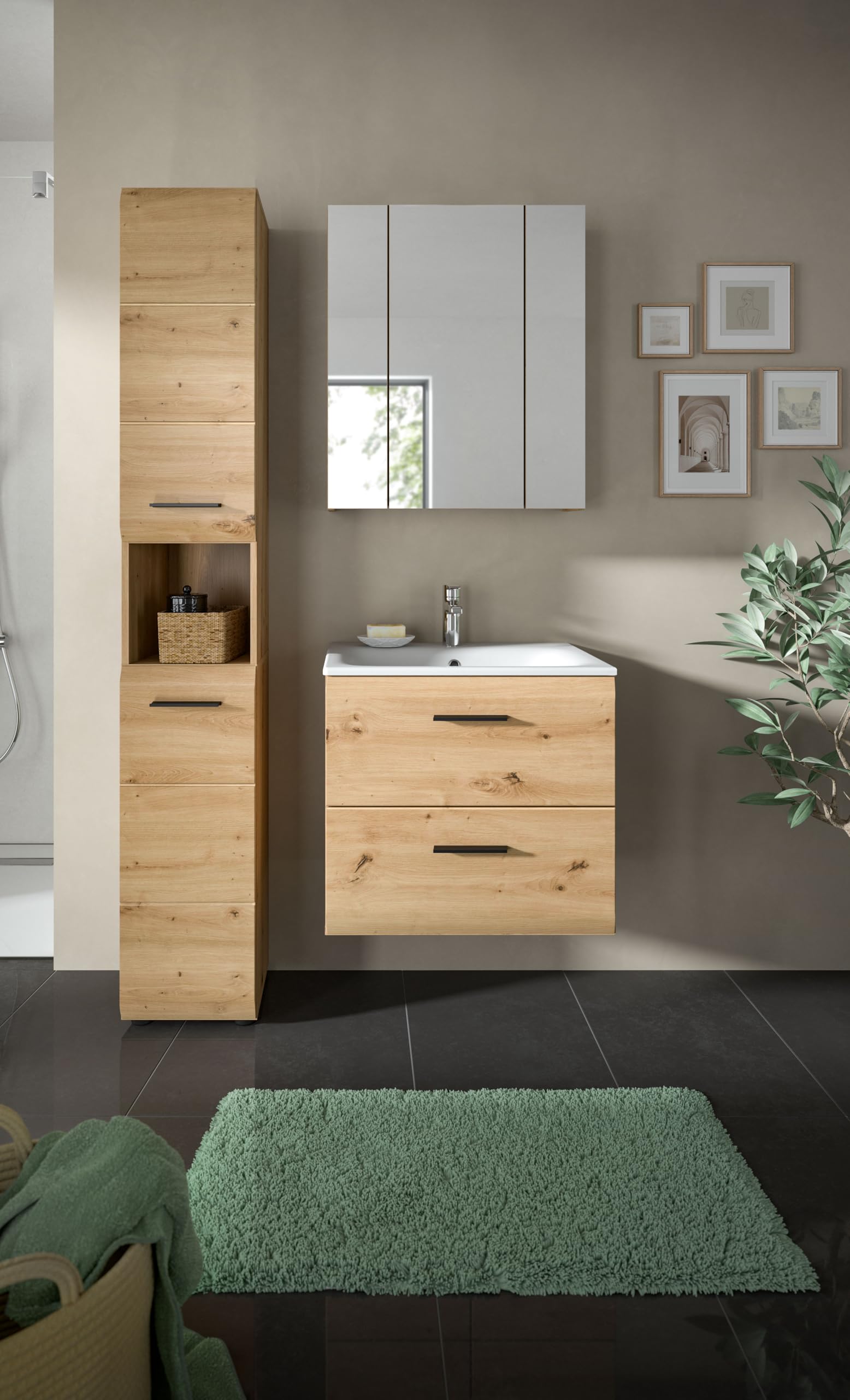 xonox.home – 3 TLG. Badmöbel-Set Ice 105x185x46 cm in Korpus und Front Artisan Oak Nachbildung – Zeitgemäße Kombination für Dein Bad – funktional – Bild 6