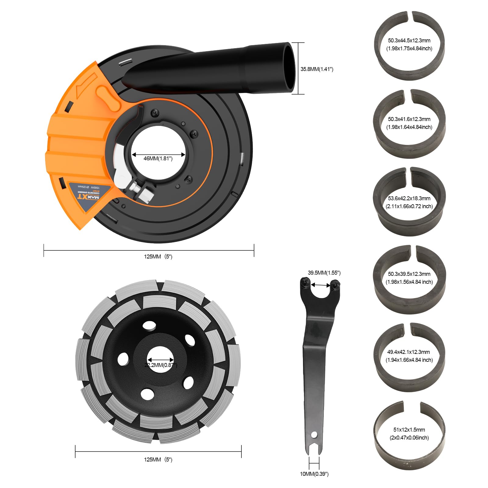 Kit de ponçage béton 125mm MAXXT pour meuleuse d'angle avec protection anti-poussière et disques diamantés