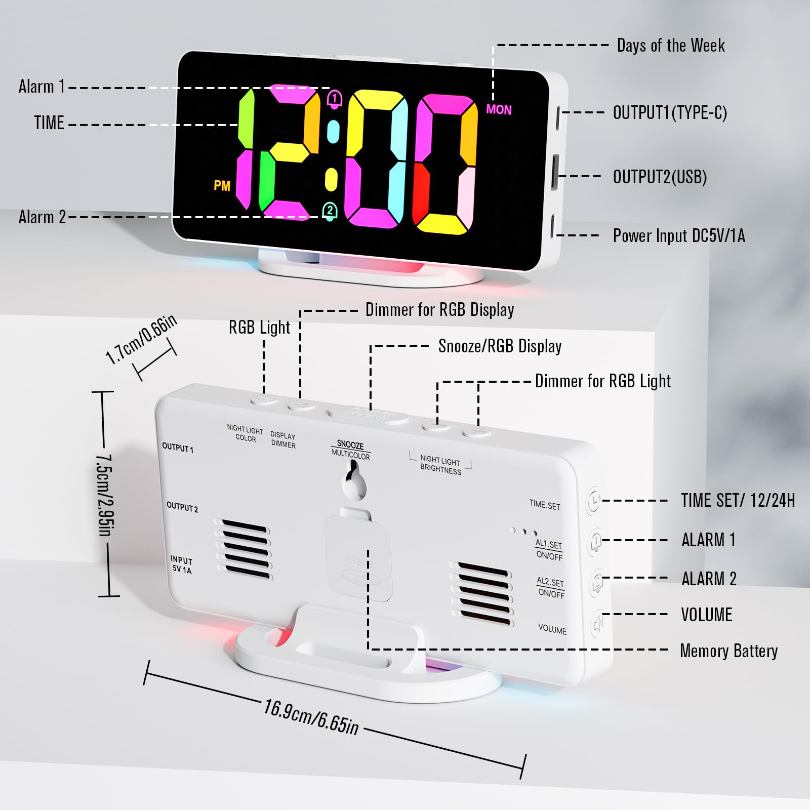 CHEREEKI Sveglia da Comodino Digitale a Corrente, Sveglie Digitali con 11 Colori Numerici e 10 Luce Notturna, Luminosita Regolabile, Alimentazione Elettrica, Bianco