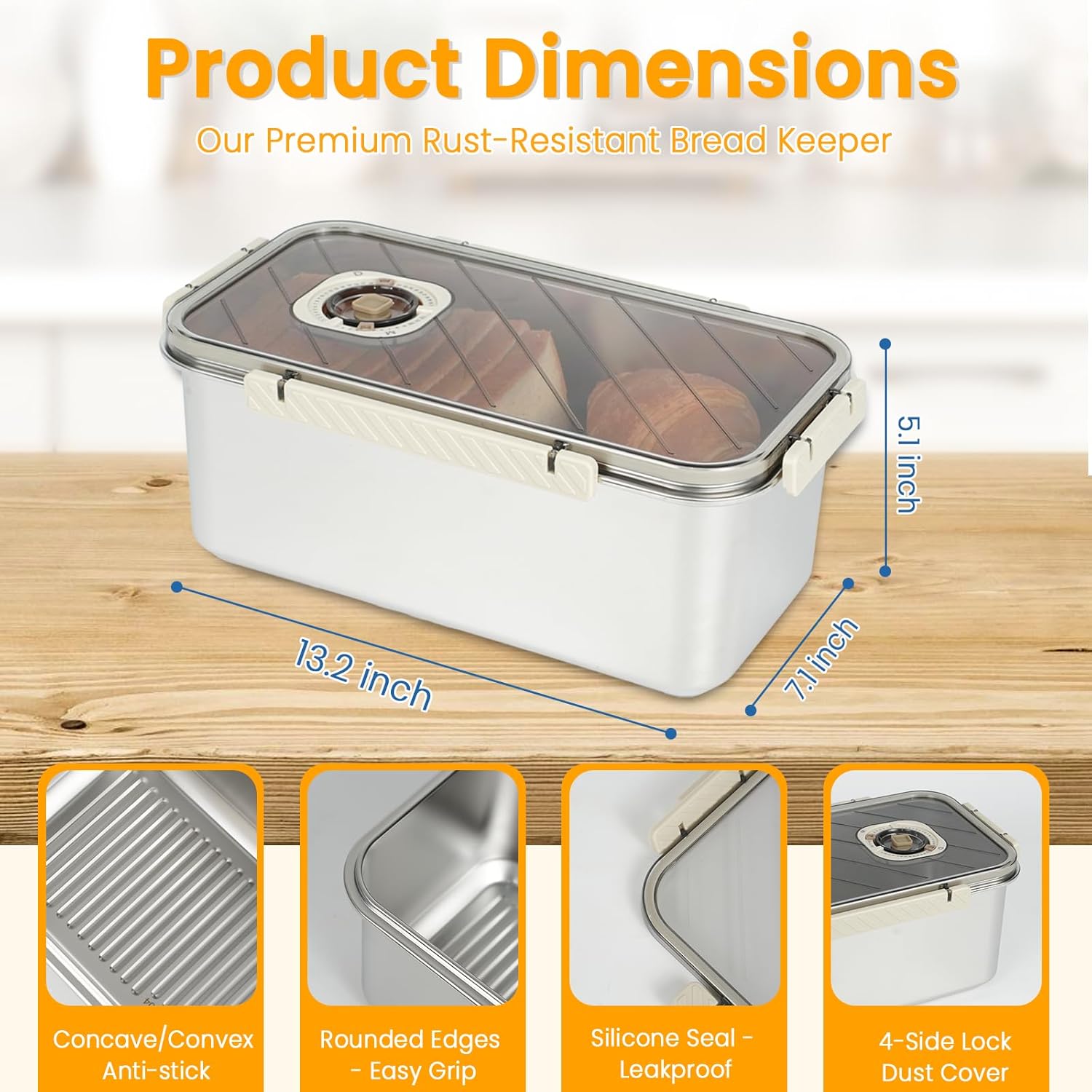 Large Bread Container: Time Recording Bread Storage Container with Lid, Stainless Steel Bread Box, Bread Storage Solution, Airtight Bread Box, Dishwasher Safe (Silver-White) - Image 2