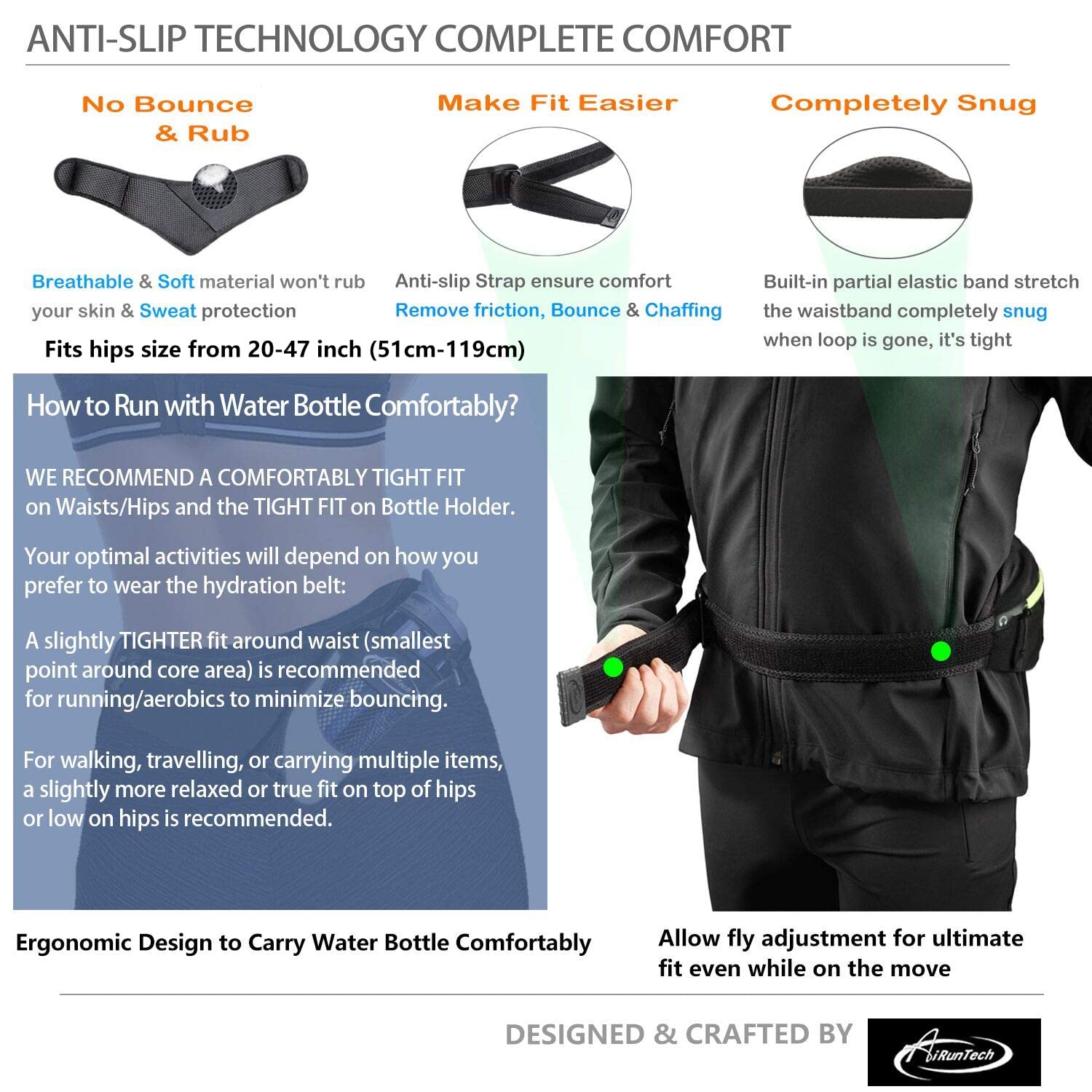 AiRunTech Cinturón para Correr con Soporte para Botella de Agua, cinturón de hidratación sin Rebote, Bolsa de Cintura para iPhone, Corredores, maratón, Correr, Senderismo, Ciclismo (sin cinturón de
