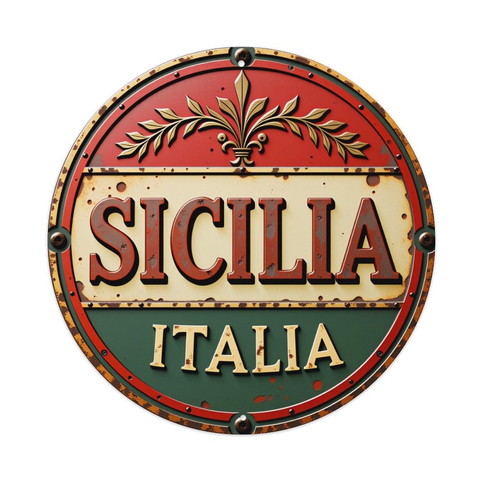 Sicilia Italy Vintage Sign With Fleur De Lis Design Round Vintage Tin Sign,Retro Wall Art,Metal Poster for Home, Bar, Garage, Cafe, Rustic Indoor & Outdoor Decor, 8x8 Inches