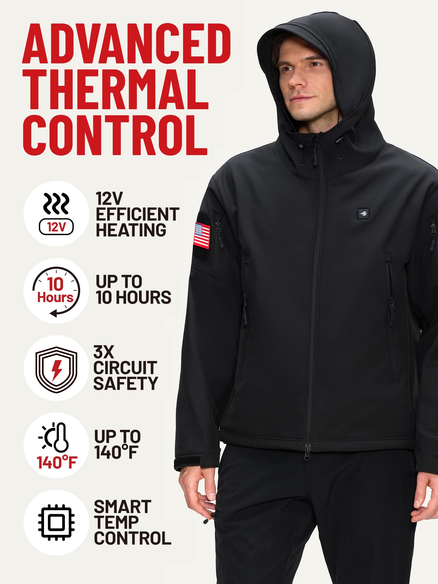 Veste Chauffante pour Homme avec Batterie 12V, Manteau d'hiver Softshell Chauffant Electrique avec Capuche Pliable
