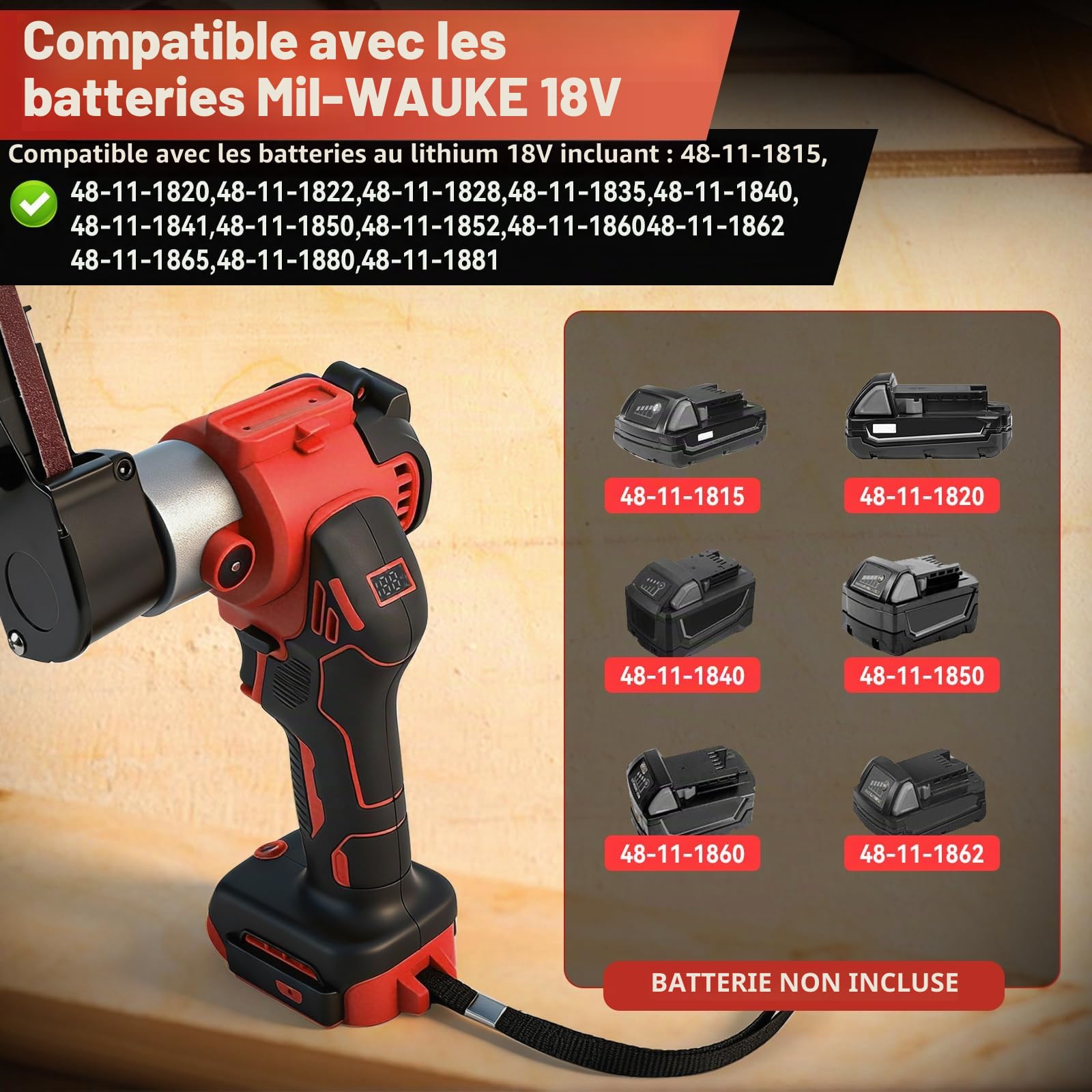 Ponceuse à courroie sans fil compatible avec la batterie Milwaukee M18, 0-13 000 tr/min, réglable à 360° sans balais avec 20 courroies abrasives pour bois, métal, plastique (rouge pour Milwaukee)