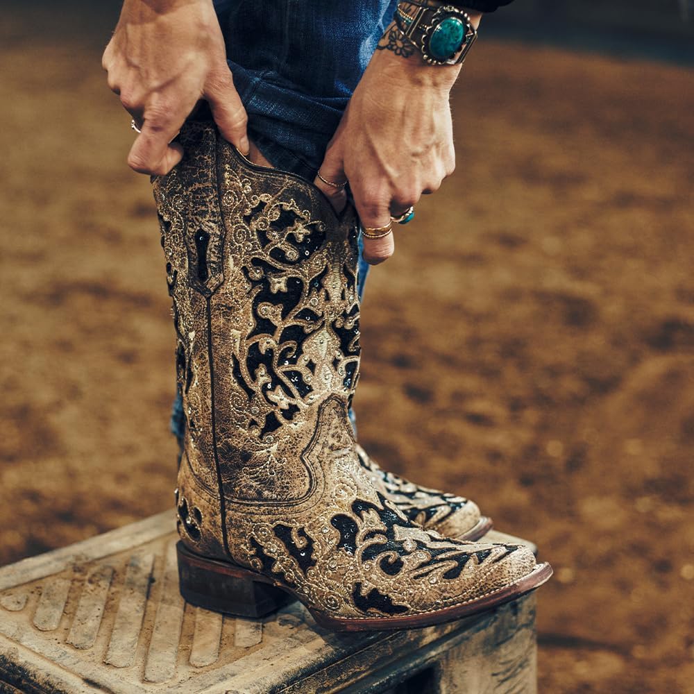 Corral Boots Women's Brown Western Boots | Square Toe Cowboy Boots with Black Glitter Inlay, Floral Overlay and Crystal Studs