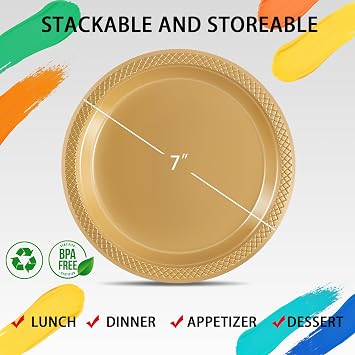 WELLIFE 7 Inch Gold Dessert Plates 150 Count, Gold Plastic Plates for Party Dessert Cake Appetizers Salad Wedding Engagement Birthday