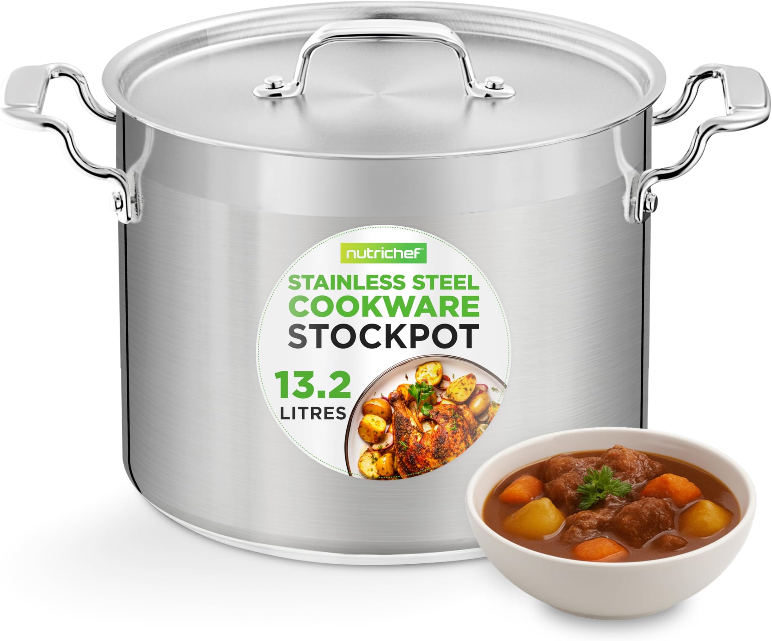 NutriChef Stainless Steel Stock Pot with Lid, 13L Big Stockpots for Stew, Soup, Pasta, Meat- Induction Ready, Large Cooking Pot with Ergonomic Handles, Uncoloured