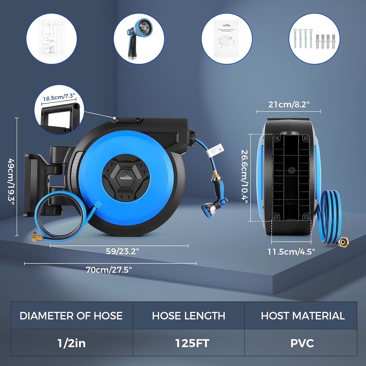 Himimi Retractable Garden Hose Reel dimensions and included components