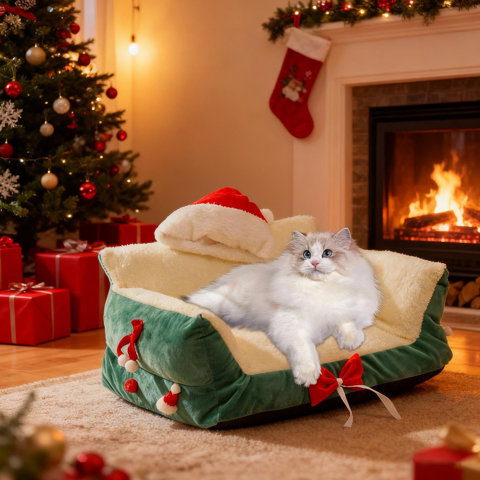 Sofa für Haustiere | Weihnachtssessel mit Weihnachtsmannmütze, kleine Hundebetten | für Zuhause, Wohnzimmer, Terrasse, Balkon, Spielplatz, Wohnung, Nachtschlaf, tägliche Erholung