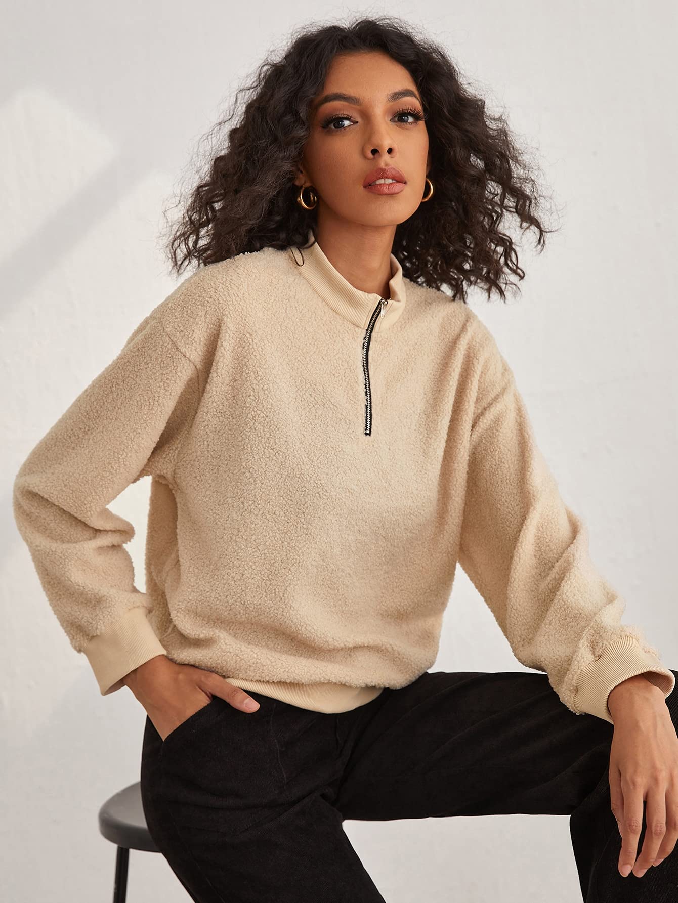 Amazon.com: Newqinx Sweatshirts for Women - Quarter Zip Drop Shoulder  Pullover (Color : Apricot, Size : X-Small) : Clothing, Shoes u0026 Jewelry