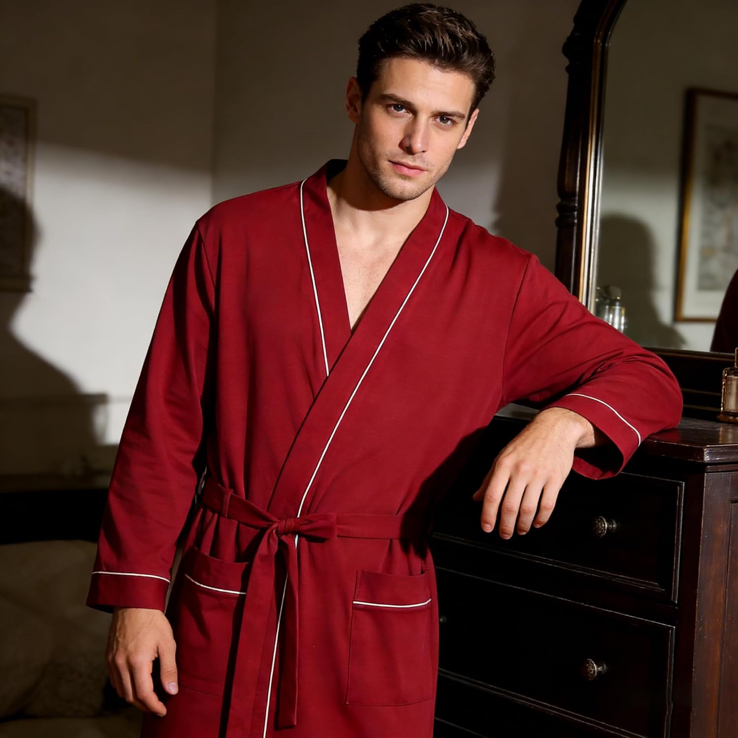 U2SKIIN Men's 100% Cotton Lightweight Robe, Soft Breathable Bathrobe with Pockets, Classic Kimono Spa Robe for Men - Image 2