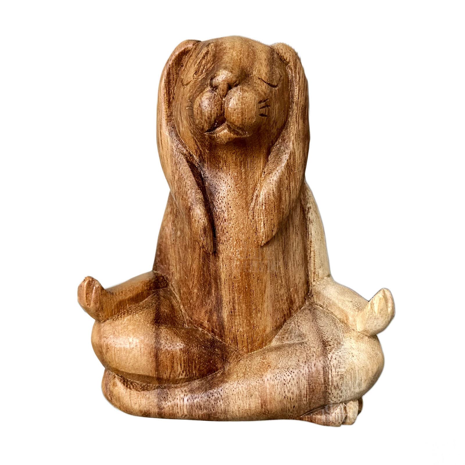 Darthome Brown Wooden Yoga Bunny Sculpture Lotus Pose Hand Carved Wood Small Rabbit Ornament 12Cm