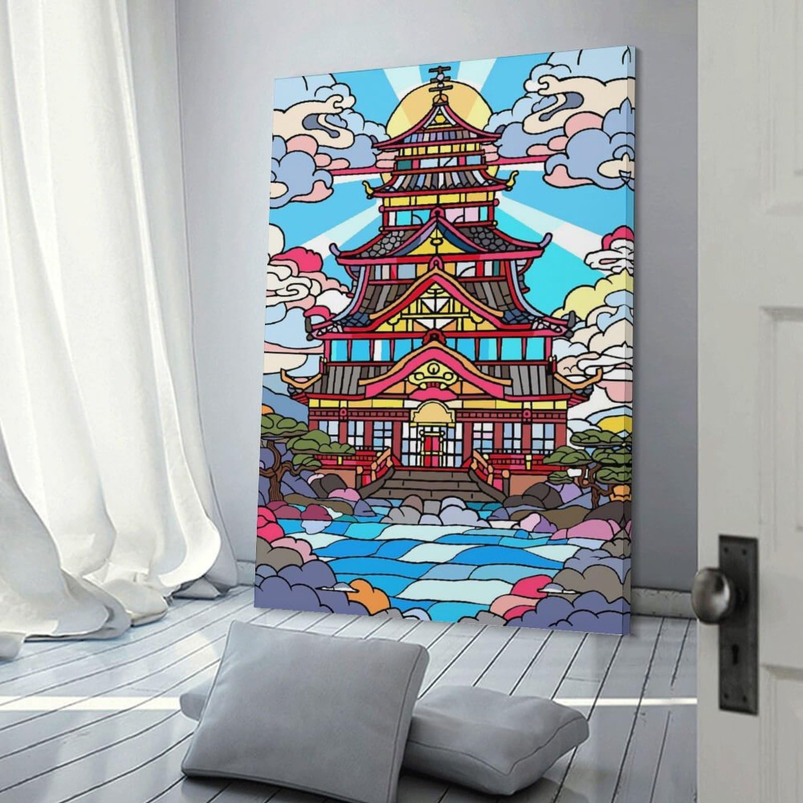 Junmoney Vibrant Japanese Pagoda by The Water Decorative Wall Artwork, 20x30inch(50x75cm), for Work Areas, Reading Rooms Or Studios, Wall Art That Adds Style to Work Areas
