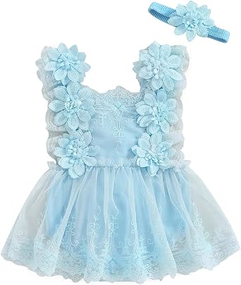 Newborn Baby Girl Lace Rompers Birthday Princess Dress Mesh Jumpsuits Tulle One-Piece Headband Summer Onesie