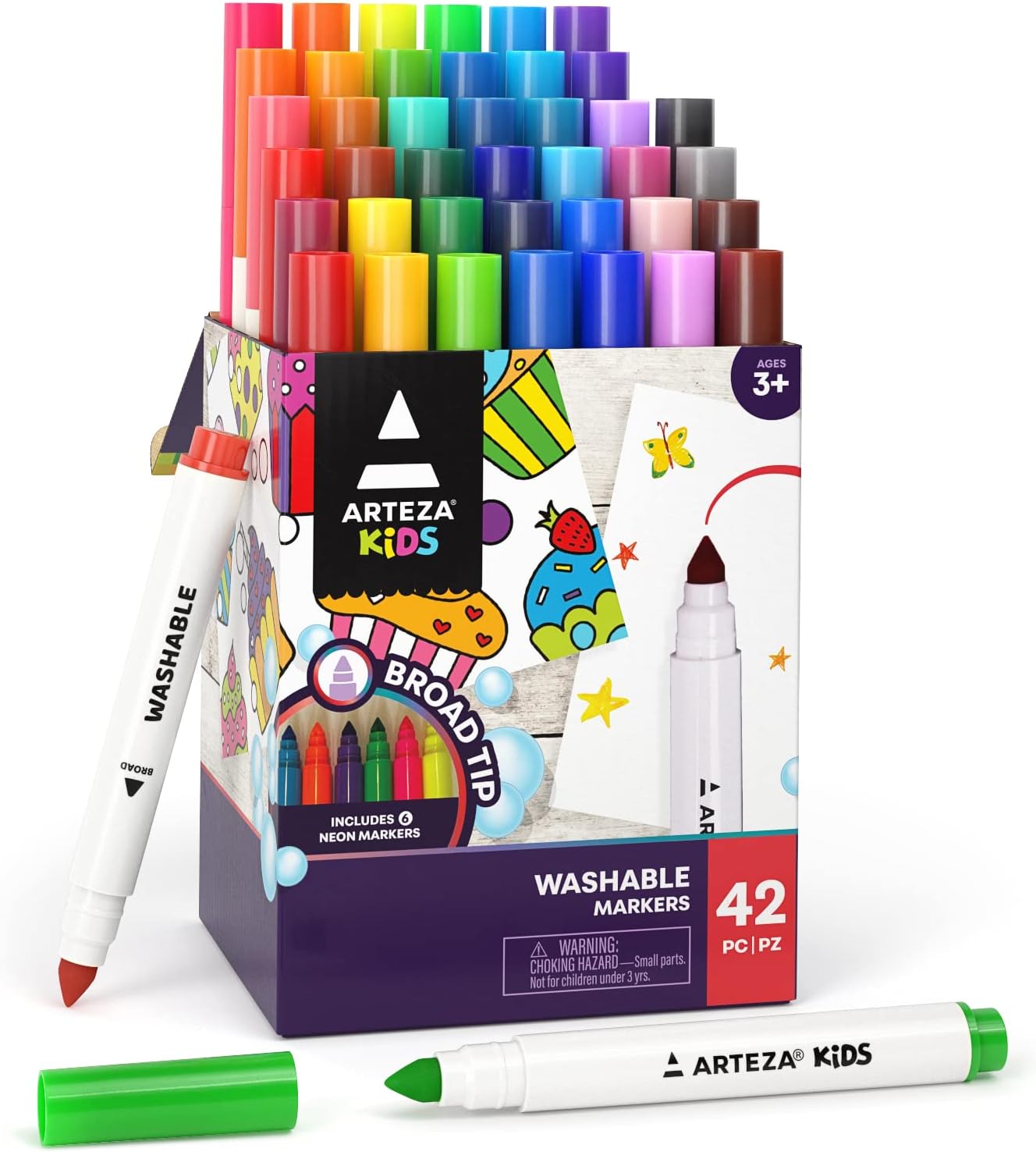 ARTEZA Kids Broad Tip Washable Markers, 42 Bright Colors, 36 Washable Marker Pens and 6 Non-Washable Neon Pens, School Supplies for Kids Ages 3 and Up