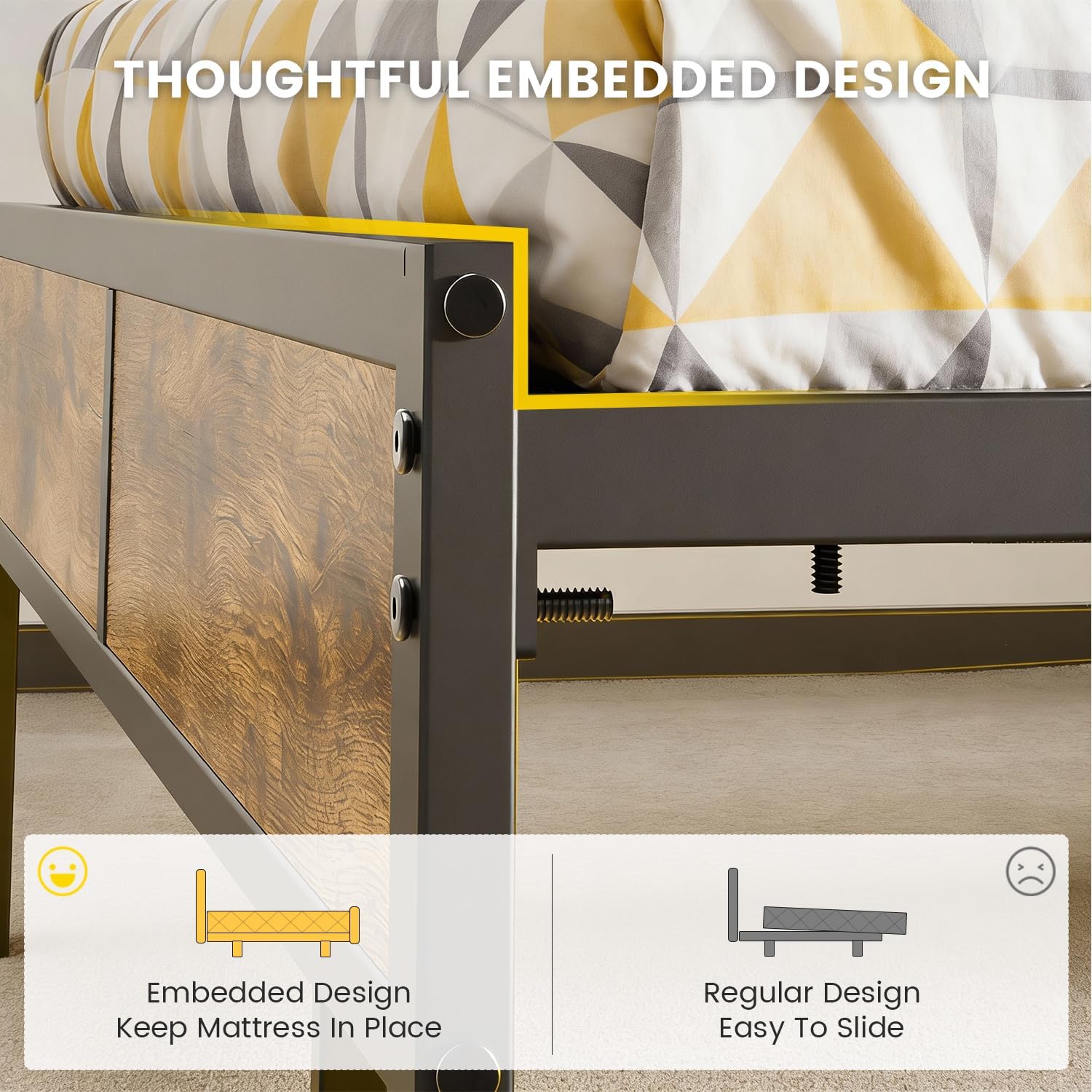 PROTEA King Size Bed Frame with LED Lights and Charging Station, Storage Headboard, Heavy Duty Metal Platform with Slats, No Box Spring Needed, Easy Assembly