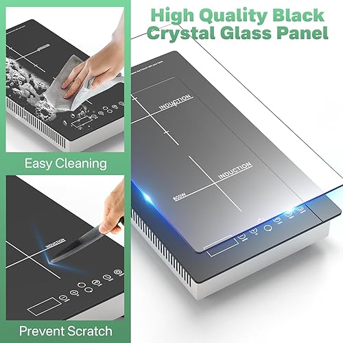 Miniatura 8 de Placa de cocción de doble inducción de 1900 W, 2 quemadores eléctricos con bloqueo de seguridad, temporizador, 8 niveles de potencia, control táctil