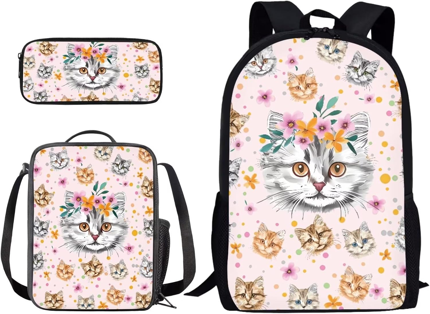 Xoenoiee Cute Cat Floral Pattern 3 Pcs Kids BookBag+Lunch Box+Pencil Bag for Primary/Middle School Bag Backpack Set for Boys Girls