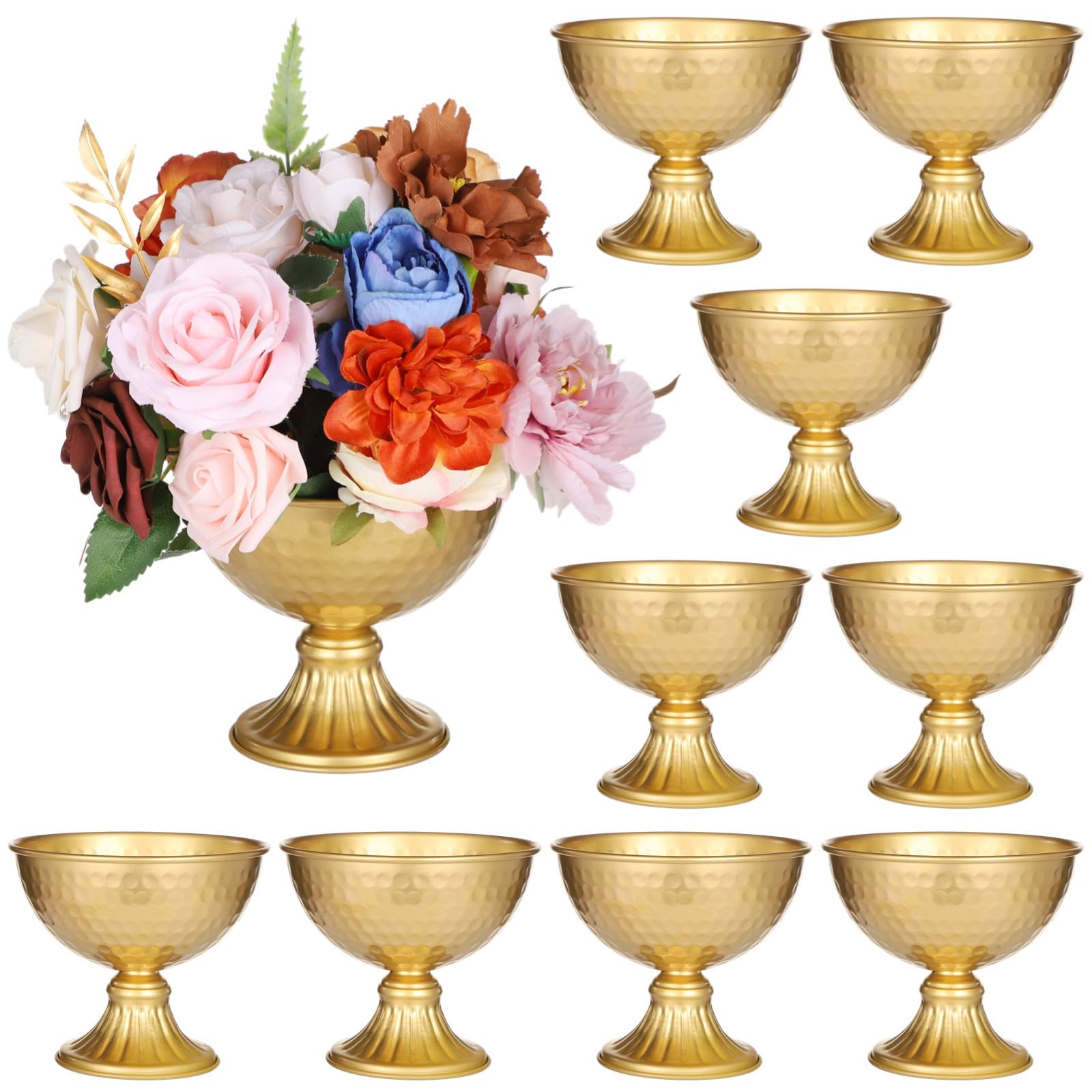 Swewarm Golden 10 Pcs Gold Metal Vases 15.5 × 12Cm Vintage Small Flower Bowl For Table Centrepiece Urn Vase Decor For Wedding Birthday Party
