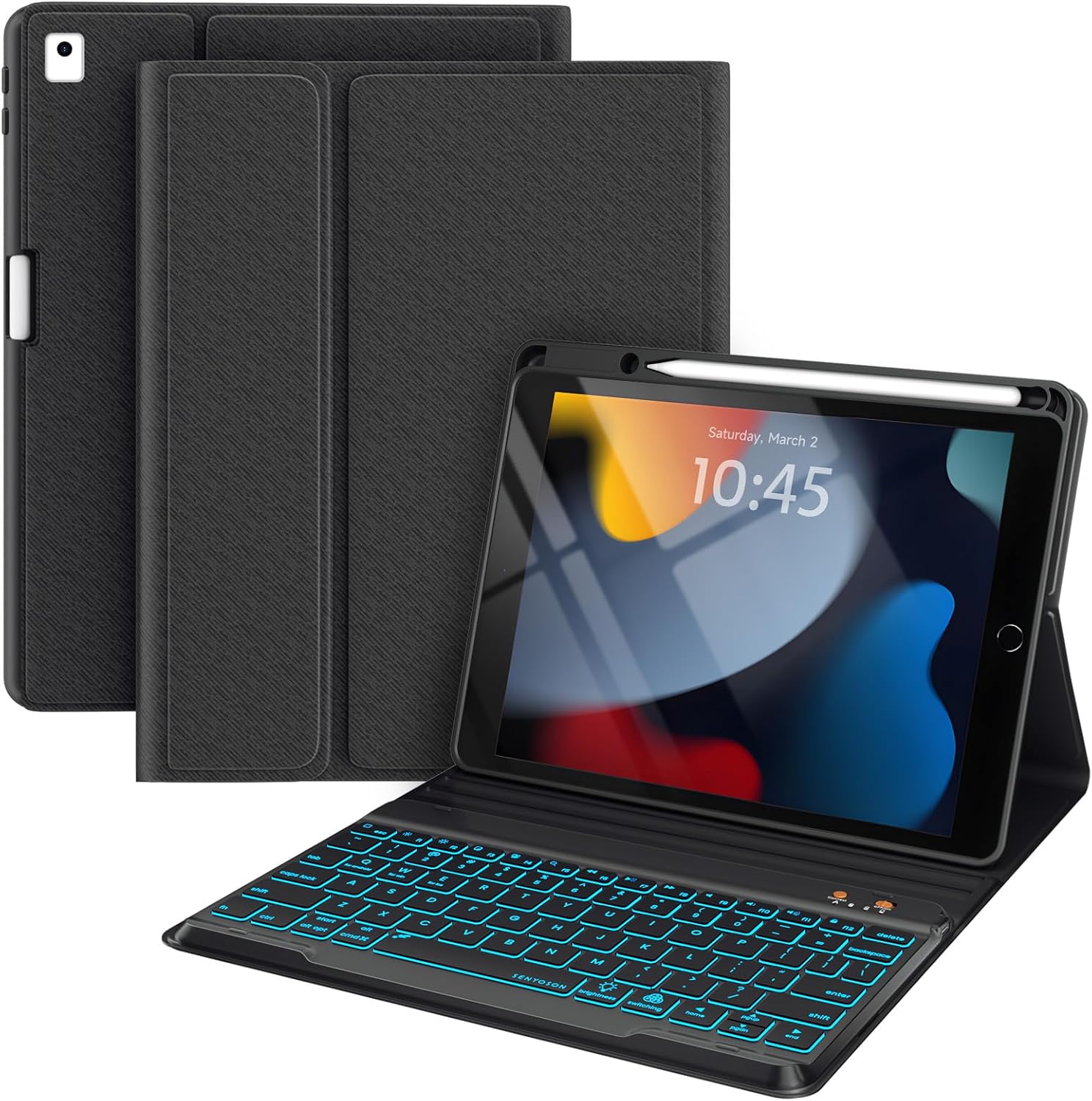 BLUTLOTUS for iPad 9th Generation Case with Keyboard 10.2 Inch - Backlit Wireless Detachable Folio Keyboard Cover with Pencil Holder for iPad 8th Gen/7th Gen/iPad Pro 10.5"/iPad Air 3rd Gen (Black)