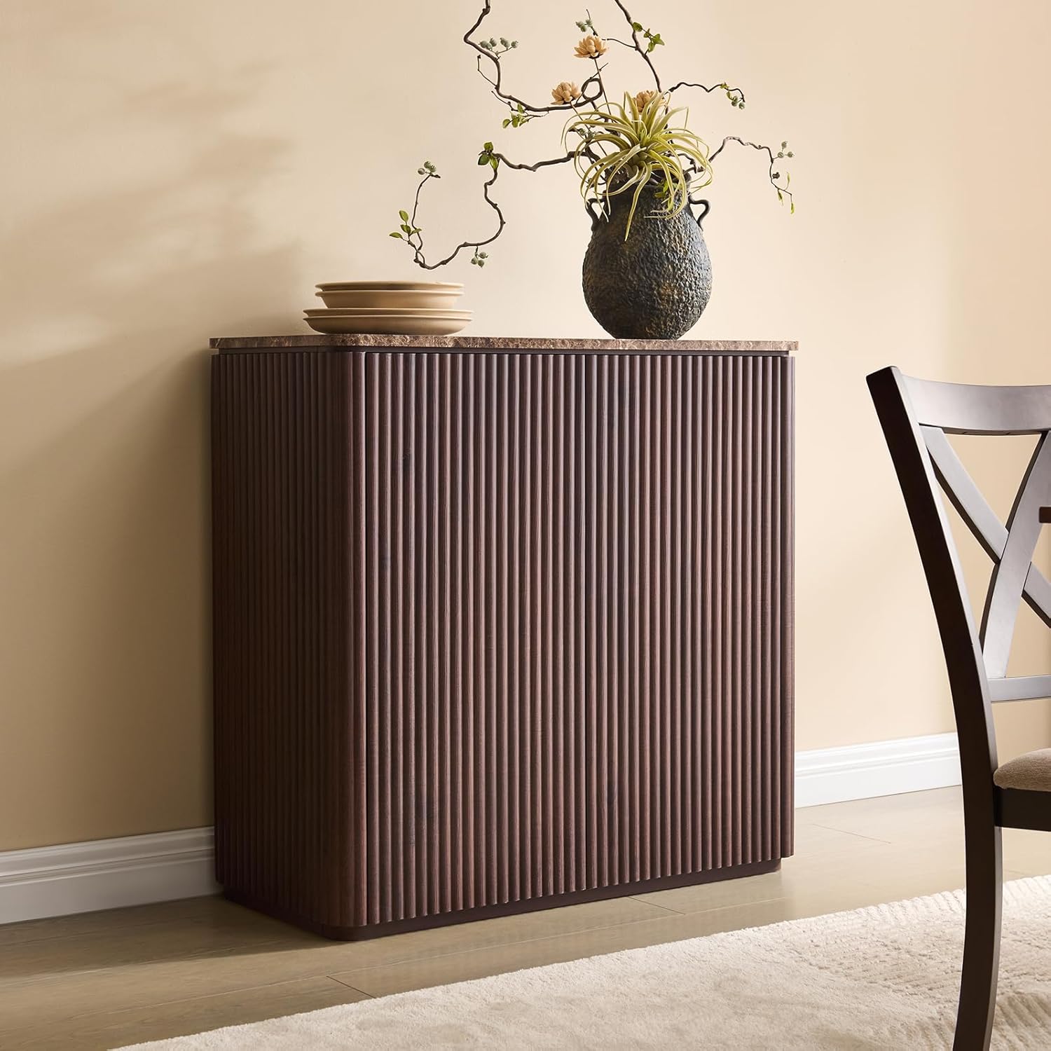 Fluted 2 Doors Sideboard Cabinet with Storage, 34" Wooden Credenza with Shelves, Faux Marble-Top Coffee Bar Console Table, Modern Buffet Cabinet for Dining, Kitchen, Living Room, Entryway, Dark Oak