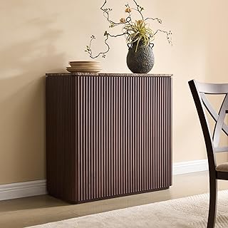 Fluted 2 Doors Sideboard Cabinet with Storage, 34" Wooden Credenza with Shelves, Faux Marble-Top Coffee Bar Console Table, Modern Buffet Cabinet for Dining, Kitchen, Living Room, Entryway, Dark Oak