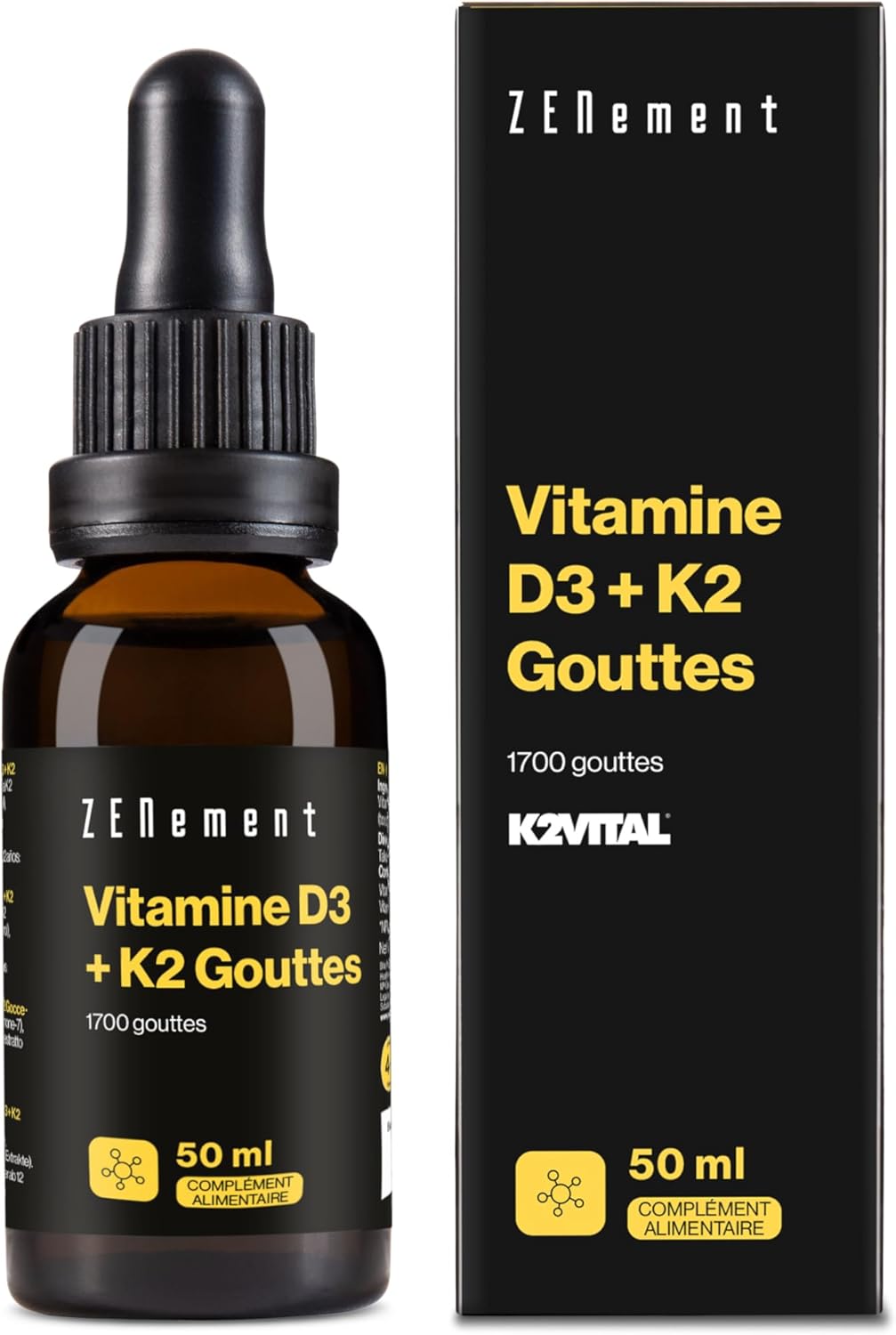 Vitamin D3 + K2 Drops – Premium Ingredients K2VITAL MK-7 All-Trans 99.7% and Natural Vitamin D3 from Lanolin – for Bones and Immune System – 1700 Drops (50 ml) – Zenement