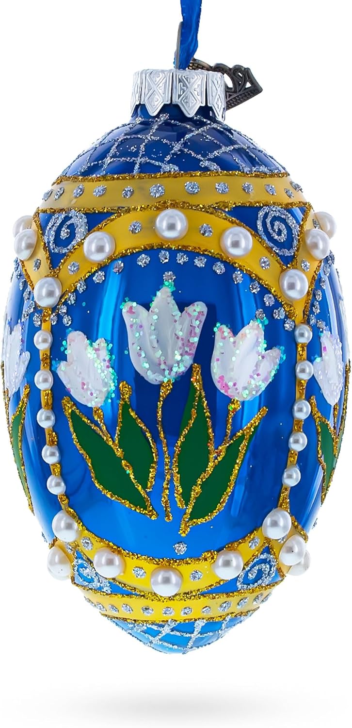 Blue Flowers with Pearls and Glitter Glass Egg Ornament 4 Inches