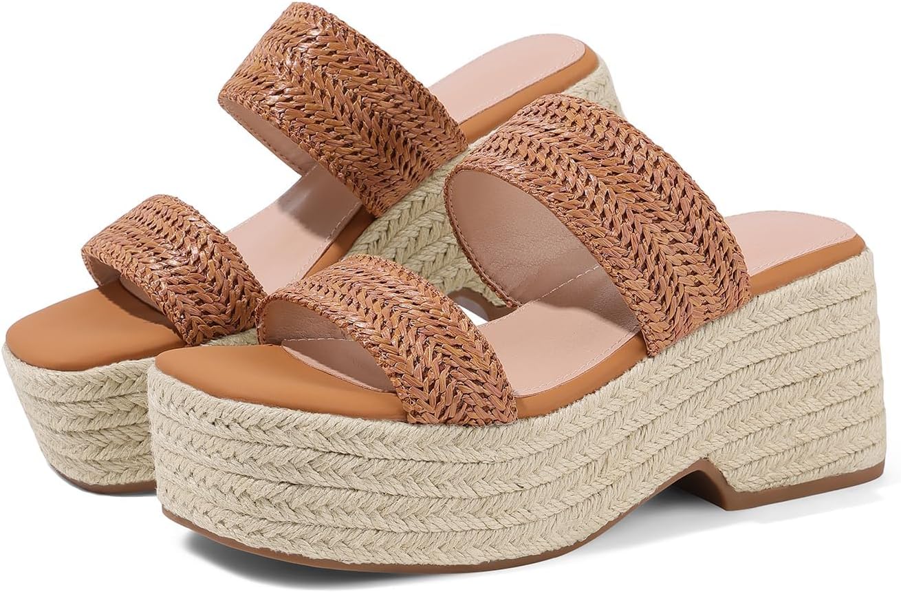 EQAUDES Womens Espadrilles Wedges Sandal Slides Summer Slip on Platform - Wedge, Raffia, Square Toe, Cute, Two Straw Strap, Comfortable Casual Wedding Shoes