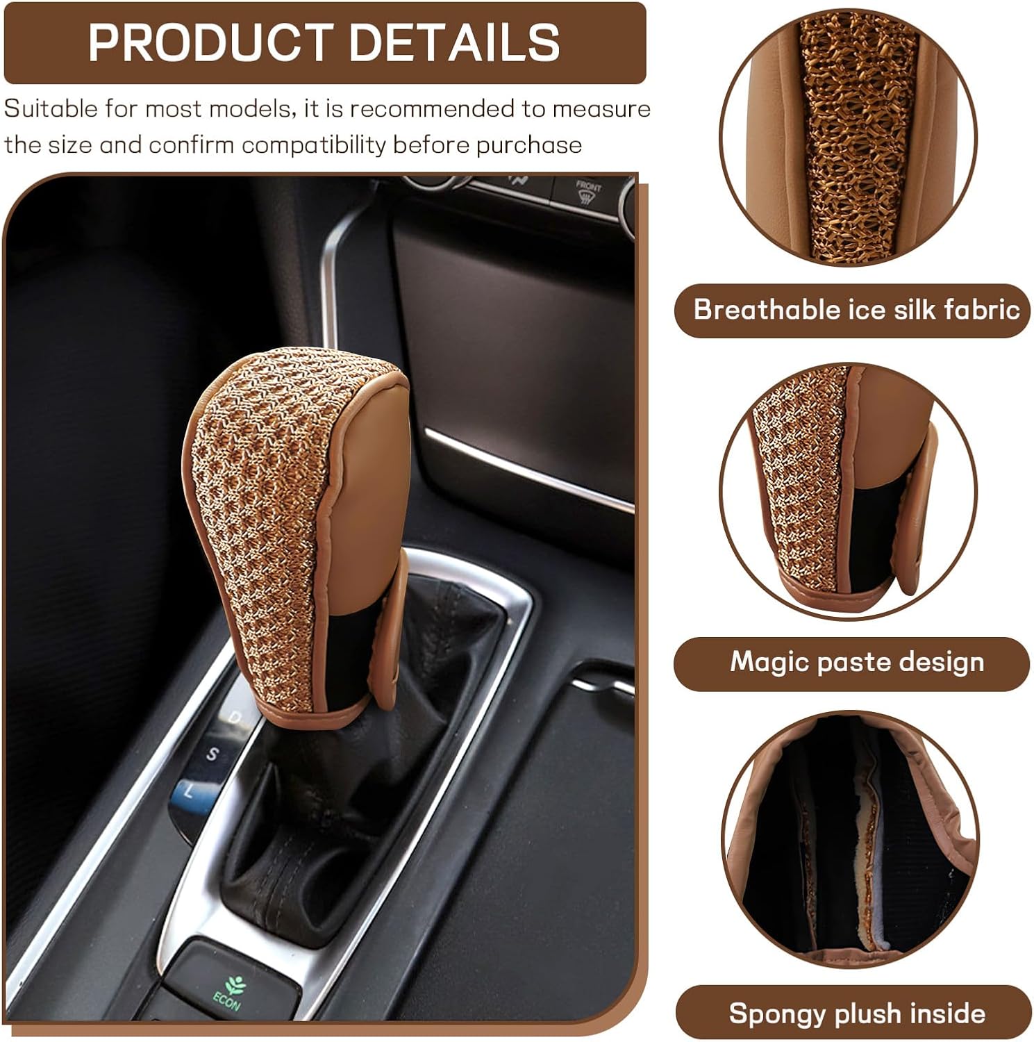 Car Gear Shifting Knob Cover, Anti-Slip Automotive Shift Knob Handle Stick Protector Cover, Comfortable Gear Shift Knob Cover, Interior Decor Accessories for Car SUV Truck (Brown) image 3