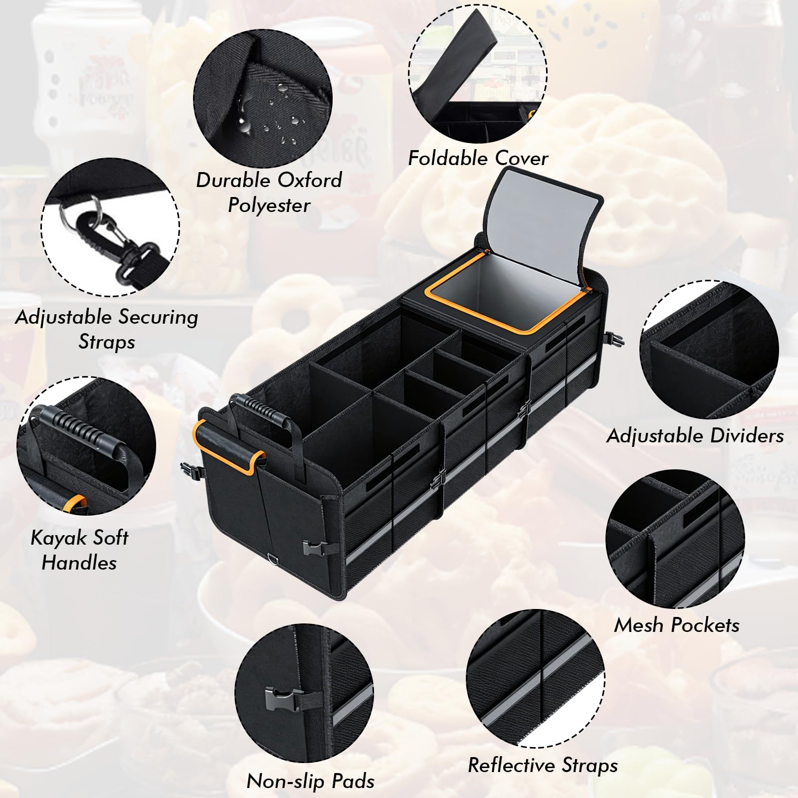 Organizador de maletero XXL con tapa, 126 L, plegable con bolsa térmica de 24 L, caja para maletero reforzada y antideslizante, 6 compartimentos para coche, SUV, autocaravana, camping, 89 x