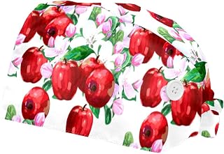 Red Fruit and Flowers 2 Pack Adjustable Working Cap with Buttons Elastic Bouffant Hats Head Scarf with Sweatband for Women Men