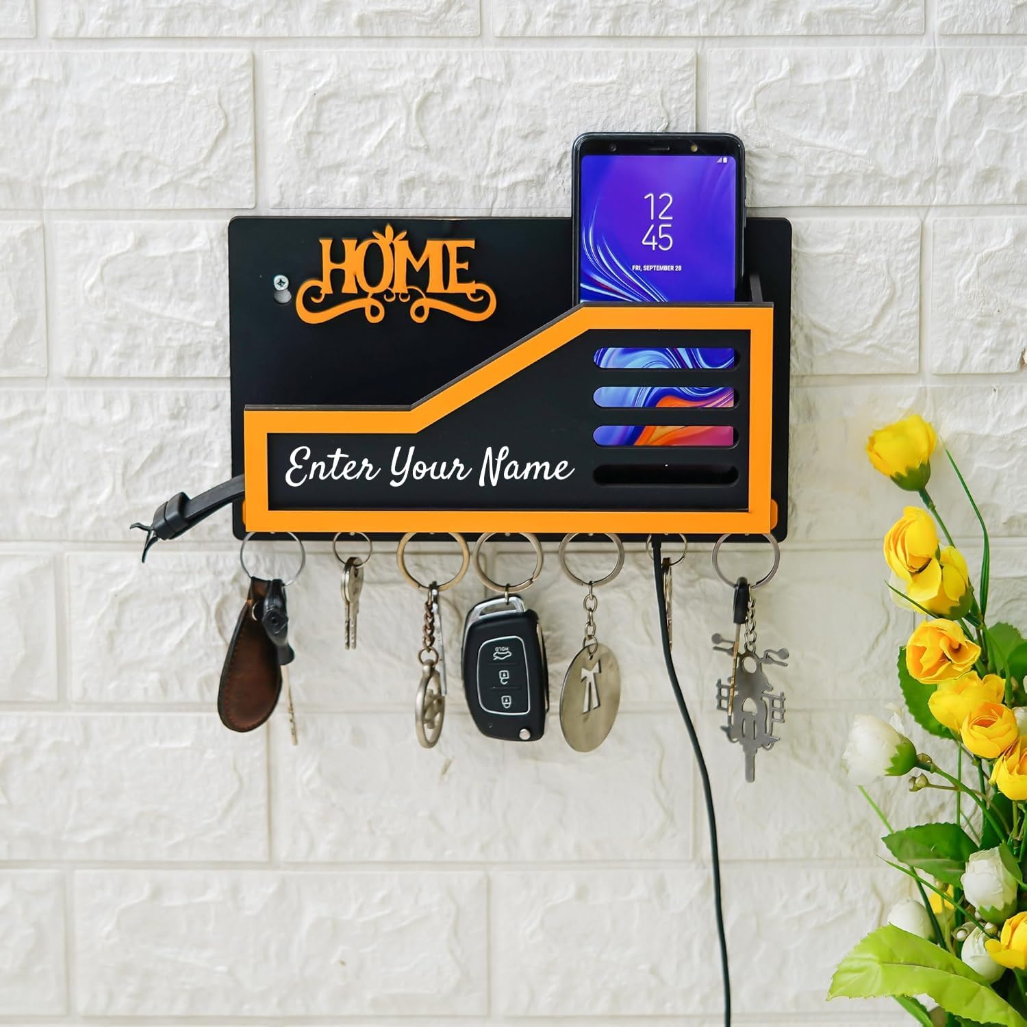 Webelkart Customised Wooden Keys Hanger for Wall,Key Holder with Mobile Stand for Home Wiith Free 2 Customised Wooden Keychains (10" Inches)