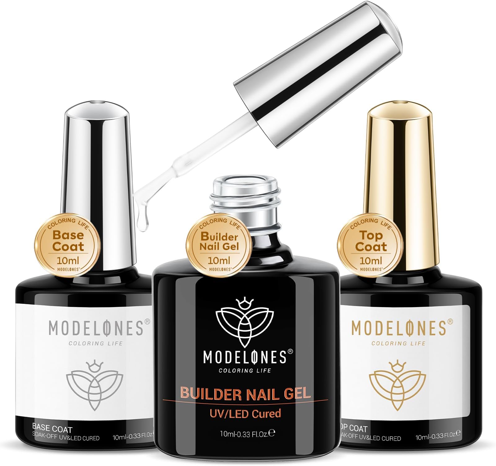 Modelones Builder Gel with Base and Top Coat Set, 3Pcs No Wipe Base and Top Coat Gel Nail Polish with Gel Builder for Nails, Transparent Builder Strengthener Hard Gel Builder Gel in a Bottle 10ML