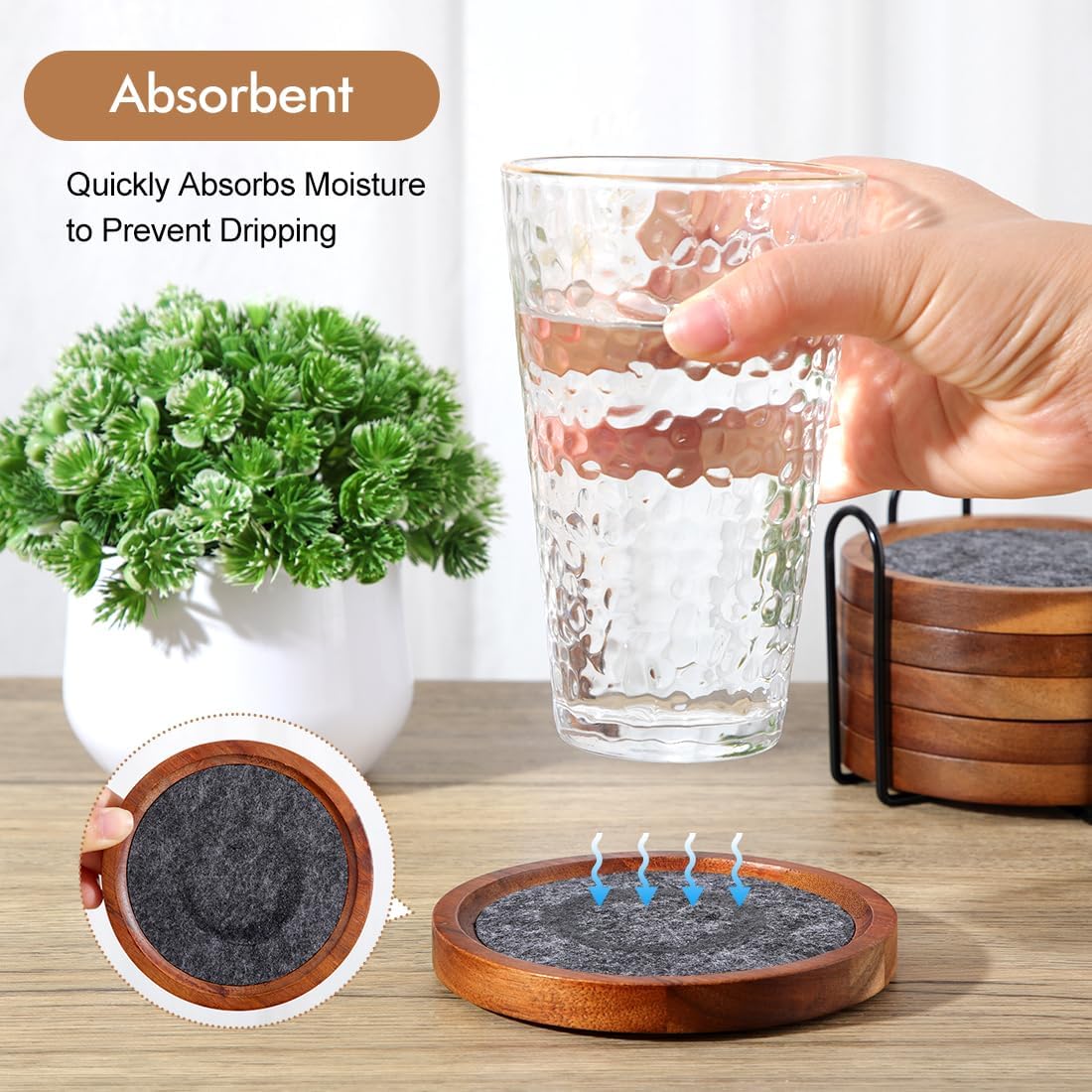 Acacia Wood Coasters for Drinks, HALE OTEIR 4.13 Inch Felt Wooden Coasters for Coffee Table Absorbent Set of 6 with Holder, Natural Wood Stackable Reusable Coasters for Home Office Coffee Bar Table - Image 3
