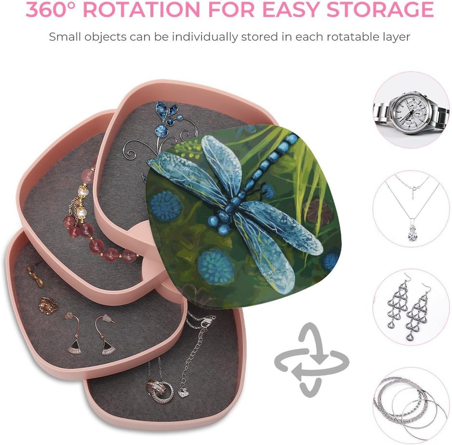 Hand Painted Blue Dragonfly 4-Layers 360°Rotating Jewelry Box image 4