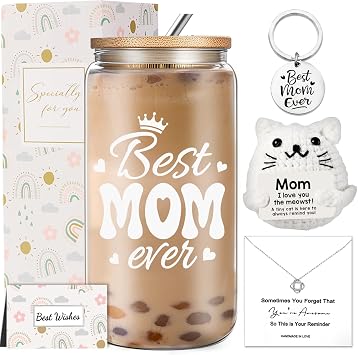 DHQH Mothers day Gifts for Mom from Daughter Son, Mom Birthday Gifts, Thanksgiving Gift Set with 16oz Glass Cup for New Mama Mother Baseball moms Godmother