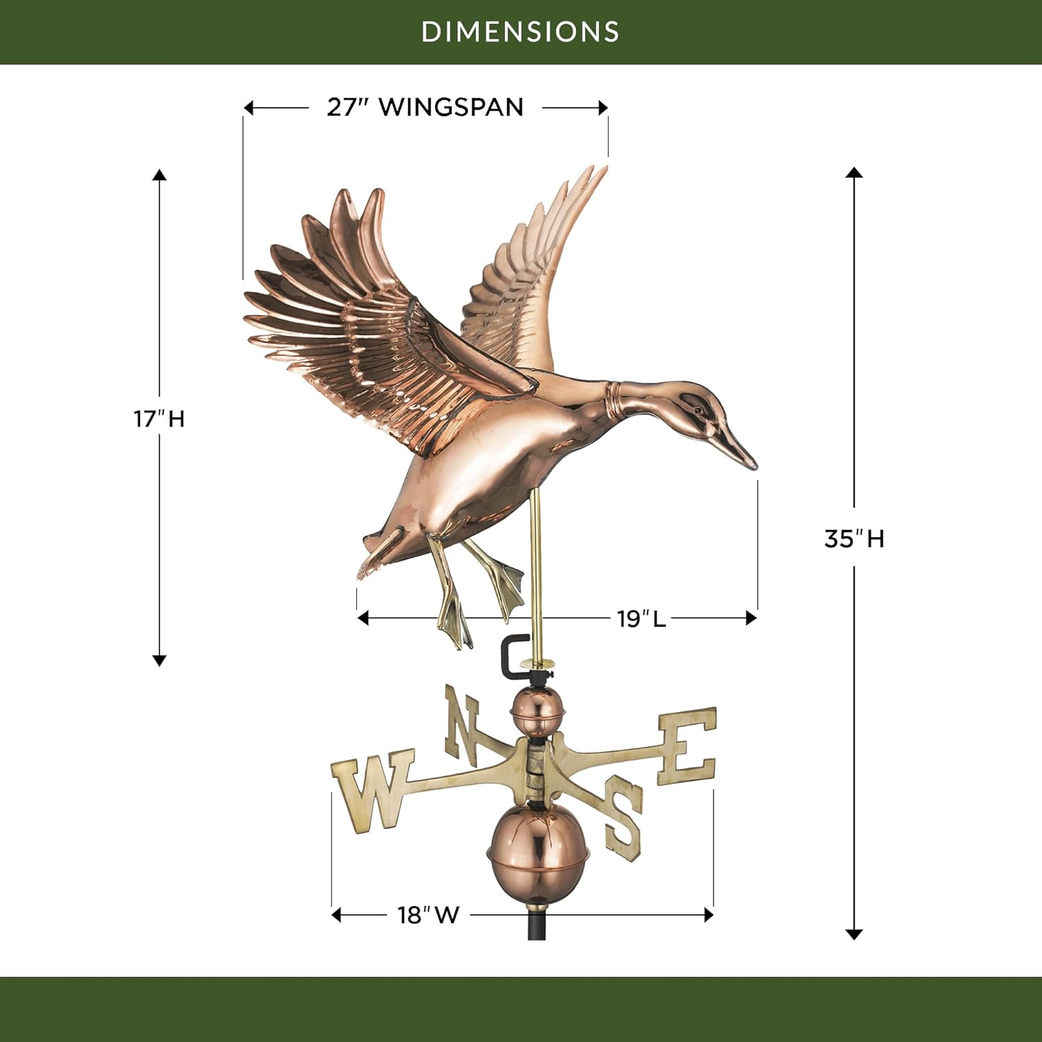 Good Directions Polished Copper Landing Duck Weathervane – Decorative Rooftop Accent for Barns, Homes, Sheds, and Cupolas – Durable & Handcrafted