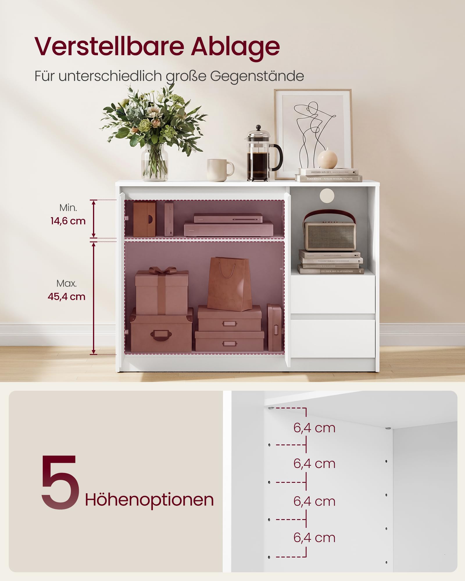 VASAGLE Aufbewahrungsschrank, Sideboard, Küchenschrank mit Türen, höhenverstellbare Ablagen, 3 Schubladen, modern, 40 x 103,3 x 74 cm, für Wohnzimmer Küche Arbeitszimmer, weiß-grau BBK273W21