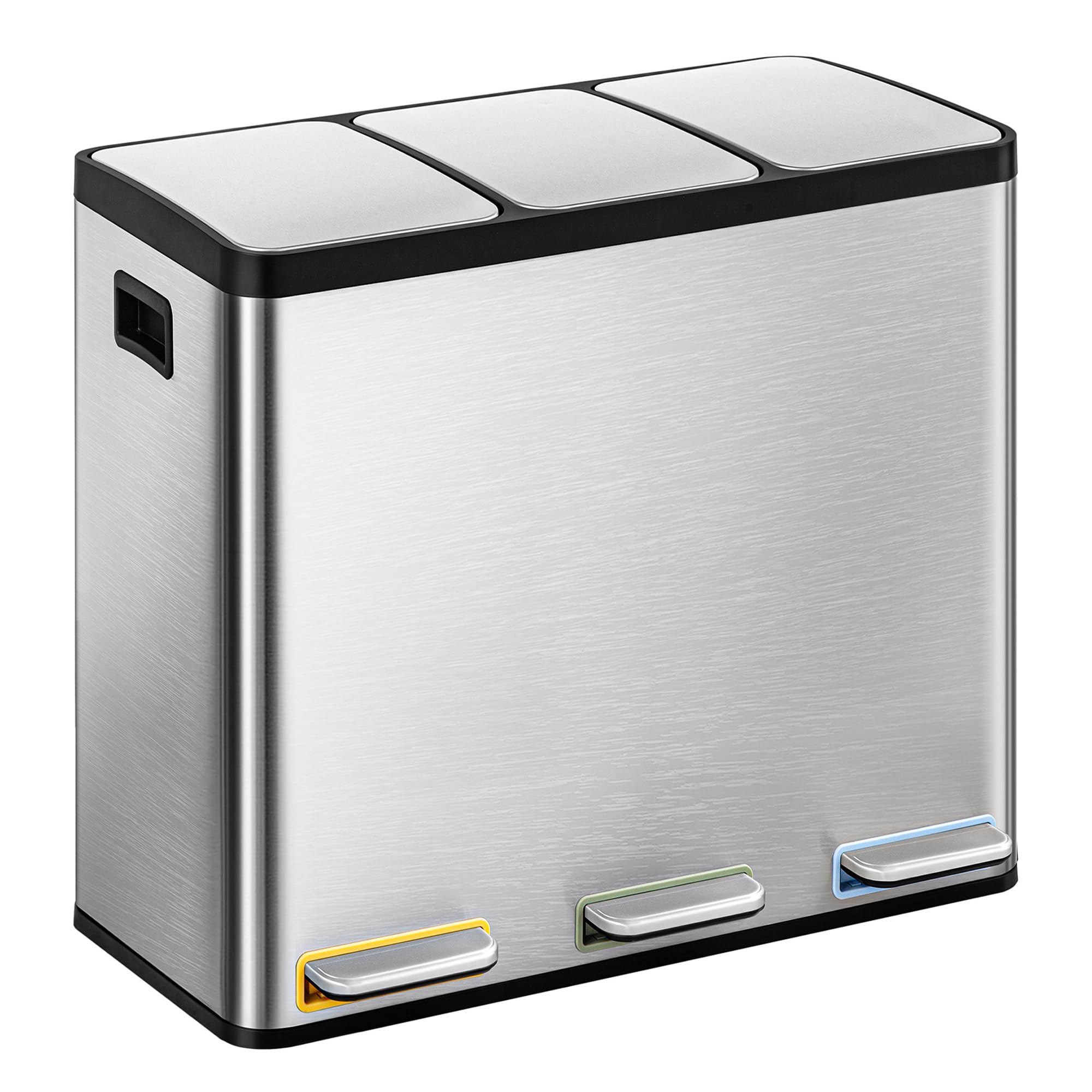 Hzuaneri Mülleimer Küche, Mülltrennsystem 3 Fächer 54L (3 x 18 L), Edelstahl-küchenmülleimer, Tretmülleimer mit Farbcodierbaren Pedalen, Abfalleimer Ruhiger Langsamer Abstieg, Silber SW35499E
